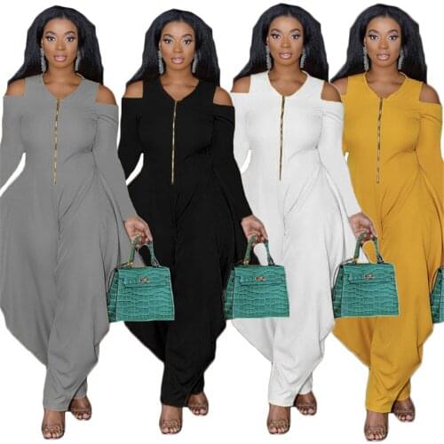 Sexy Outfits for Woman Fashion Temperament Casual Sexy V Neck Solid Color Zipper Loose Elegant Jumpsuit Wholesale Dropshipping