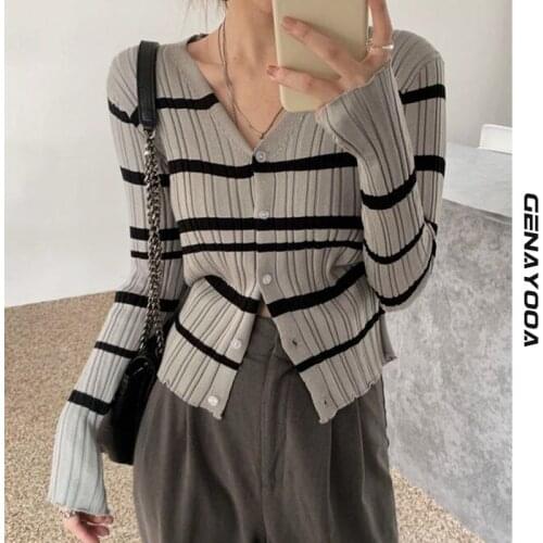 Genayooa Striped V-neck Slim Cardigan Women 2021 Autumn Korean Long Sleeve Elastic Ladies Knitted Cardigan Casual Sweater Jumper