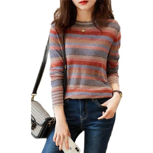Color Stripe O-Neck Sweater Temperament Women Loose All-Match Sweater Fashion Ladies Pullover Casual Top TT0049