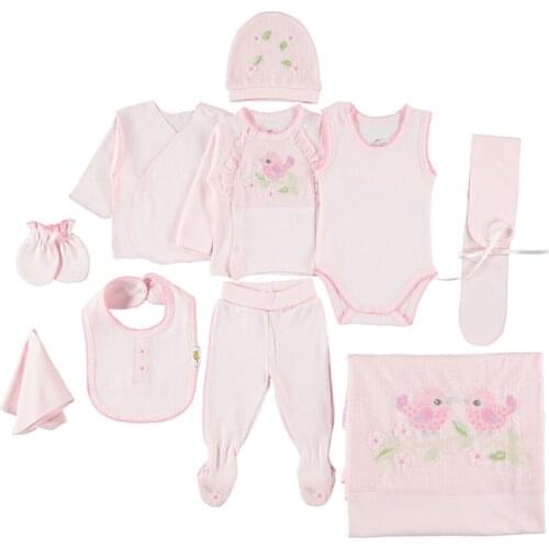 Newborn Essentials Natural Organic Embroidery Baby Clothing 10 Pcs Set Soft 100% Baby Girl 10'lu The Zibin Set Newborn pink