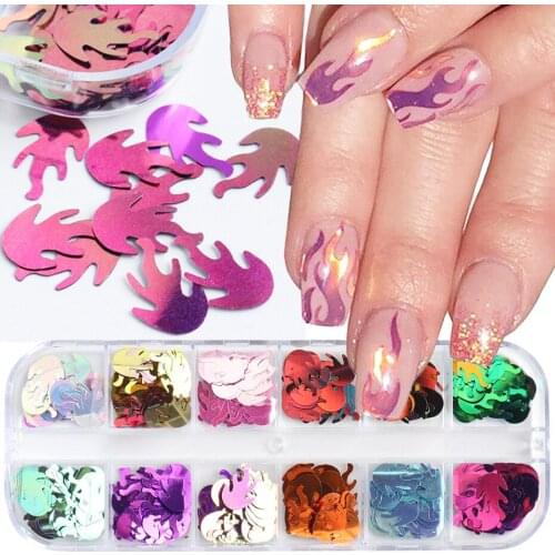 12 Grids/set Nail Art Sequins Color-changing Laser Flame Nail Thin Patch Sequins DIY Nail Decorations 12 Grid-SM