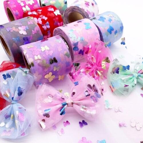 6cm* 25Yards colorful small butterfly handmade DIY hair accessories materials bow mesh with dessert flowers decoration