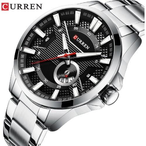 Men’s Watches Top Brand CURREN Fashion Causal Quartz Wristwatch Stainless Steel Watch Band Clock Male Silver Black Reloj Hombres