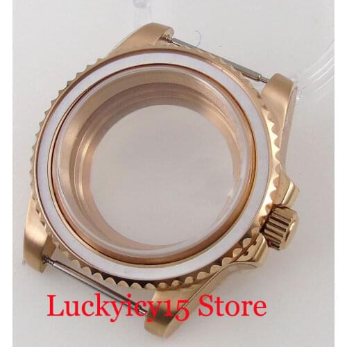 SUB Rose Gold 40mm Watch Case fit NH35A NH36A Sapphire Crystal Unidirectional Bezel Ring See Glass Back