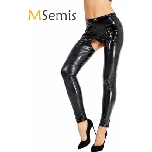 Black Womens Lingerie Open Crotch Pants Wet Look Patent Leather Open Butt Pants Skinny Stretchy Legging Trousers