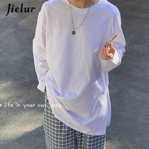 Jielur Top Tshirt Loose White Basic T-shirt Women Harajuku Spring Split T-shirts Casual Long Sleeve Solid Color Femme Tee Shirts