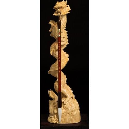 Boxwood Carving Chinese Real Wood Dragon Head Brush Hanging Statue Handicraft Auspicious Dragon Pen Frame Sculpture Home Decor