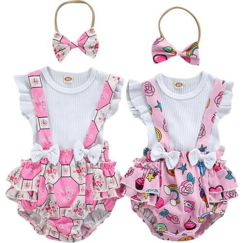 2021 Baby Girls Three-piece Clothes Set, Round Collar Fly Sleeves Tops, Suspender Trousers and Headdress