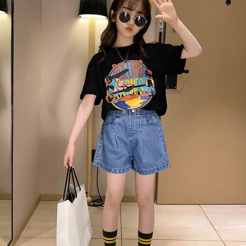 Clothes Set For Girls Summer 2021 Children 2Pcs Outfits Teenage T-shirt+ Denim Shorts Teens Clothing Suits 6 8 9 10 12 Years