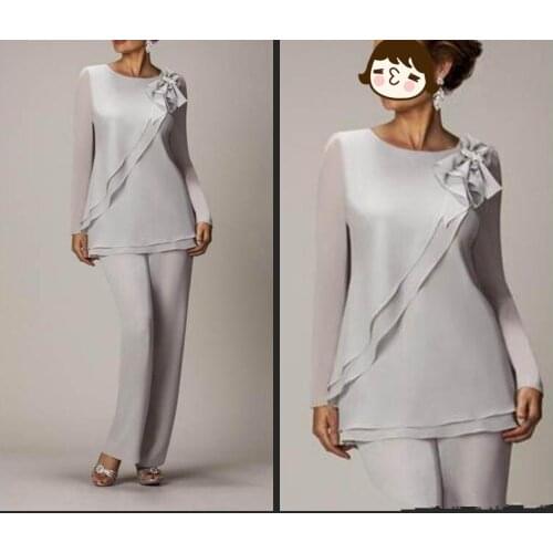 Two Pieces Mother Of The Bride Pants Suit For Weddings Cheap Chiffon Long Sleeve Outfits Formal mother of the bride dresses 2019