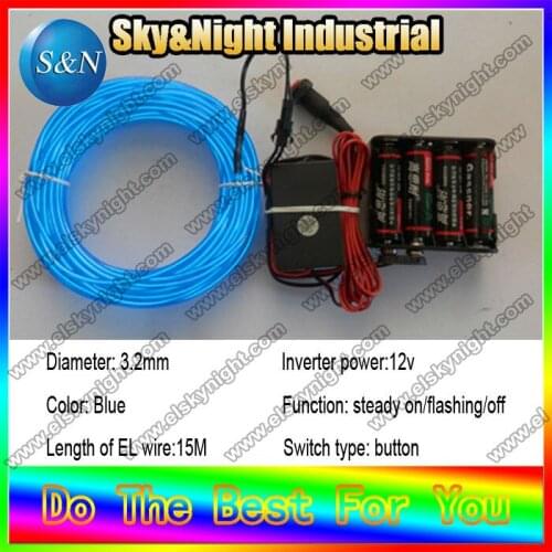 Neon light el flashing wire 3.2mm-Blue-15M+12V(8AA batteries case) with buttom control -Free shipping