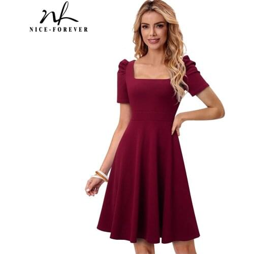 Nice-forever Summer Women Elegant Solid Color with Puff Sleeve Dresses Cocktail Party Vintage Flare Swing Dress A284