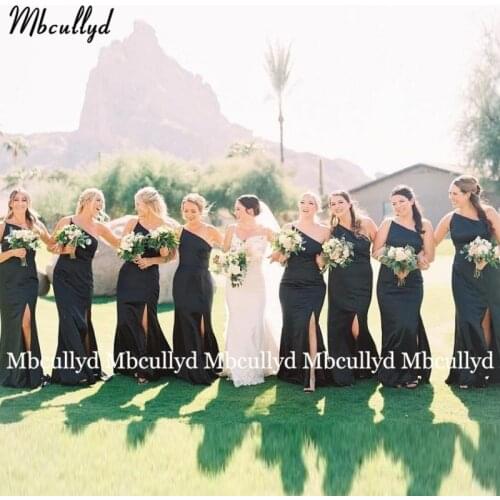 New 2021 Black Satin Long Bridesmaid Dresses Simple Wedding Party Gowns Slit Women Maid Of Honor Dress Plus Size