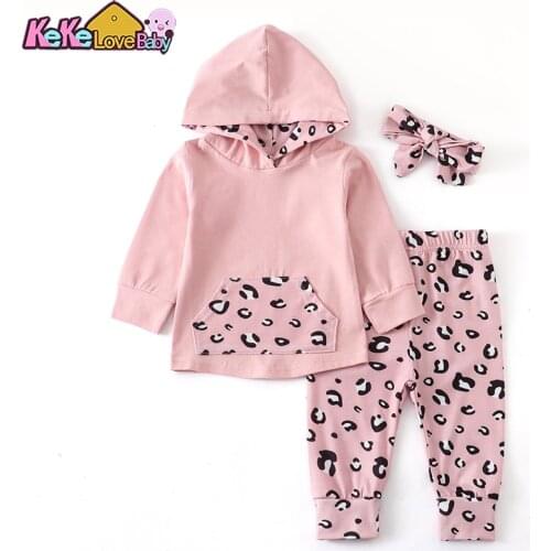 Newborn Baby Girl Clothes Pink Leopard Print Long Sleeve Hooded Tops Pants Headband Infant 3Pcs New Born Clothing Outfits Set