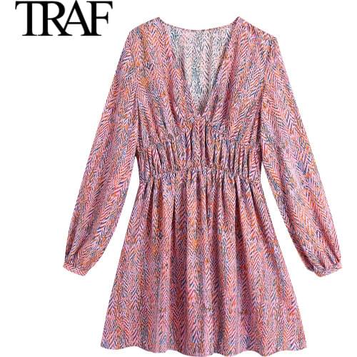 Traf Za Women Fashion Long Sleeve Dress Boho Vintage Print Dress Female Pleated Waist V-neck Mini Dress Vestidos Mujer