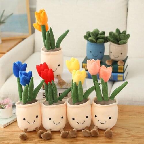 Lifelike Tulip&Succulent Plants Plush Stuffed Toys Soft Bookshelf Decor Doll Creative Potted Flowers Pillow for Girls Kids Gift
