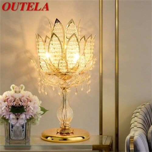 OUTELA Luxury Gold Table Lamps Contemporary LED Creative Crystal Desk Light Lotus for Home Bedroom Decoration