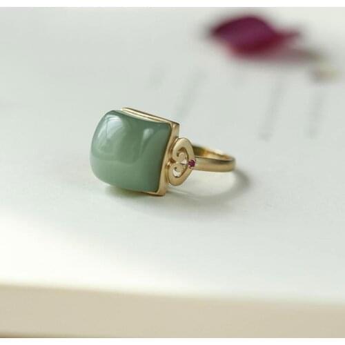 Silver inlaid natural Hetian jasper square opening adjustable ring Chinese retro palace style charm womens brand jewelry