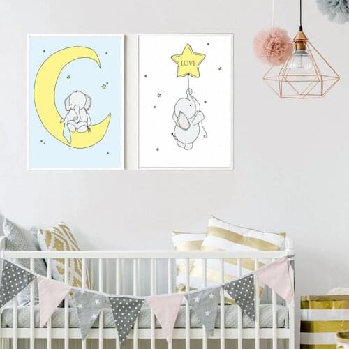 Nordic Cartoon Elephant Nursery Yellow Moon and Star Wall Art Canvas Painting Posters and Prints Wall Pictures Kids Room Decor