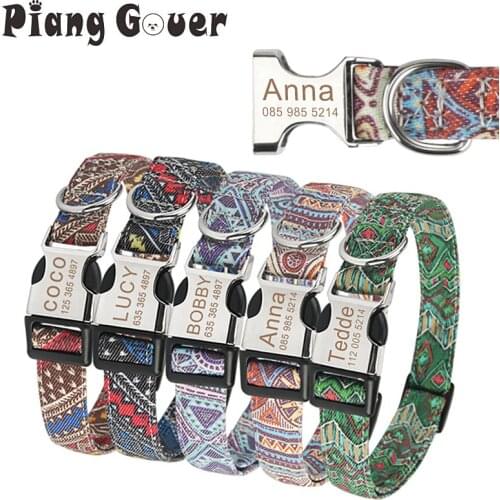 Dog ID Collar Vintage Bohemia Pet Collar Custom Name Dog Collar Personalized Tag Cat Collars for Small Medium Large Dogs