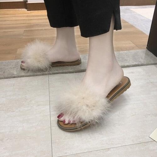 Off whit fur slippers Summer shoes women Fashion Sweet Open toe flat Slides Slip-On home Slipper comfortable platform flip flops
