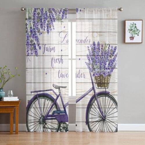 Pastoral Style Lavender Bicycle Wood Plank Texture Tulle Window Treatment Sheer Curtains for Living Room the Bedroom Decoration