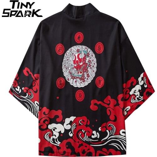 Ukiyoe Japanese Kimono Jacket Ghost Harajuku 2021 Hip Hop Men Japan Streetwear Jacket Summer Thin Clothing Loose Kimono Black