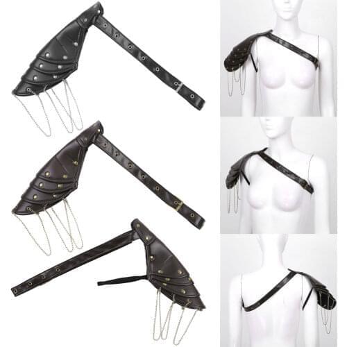 Unisex Gothic Steampunk PU Single Shoulder Shawl Armors Arm Strap Set Adjustable Metal Rivets Shoulder Armors Cosplay Costume