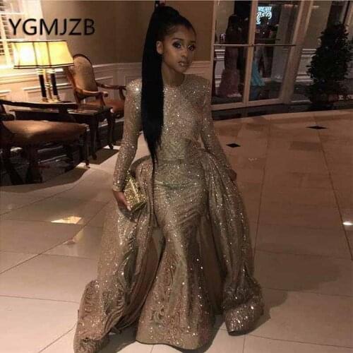 Long Sleeve Evening Dresses 2019 with Removable Train Mermaid Sparkly Sequin Lace African Women Formal Prom Dress Party Dress