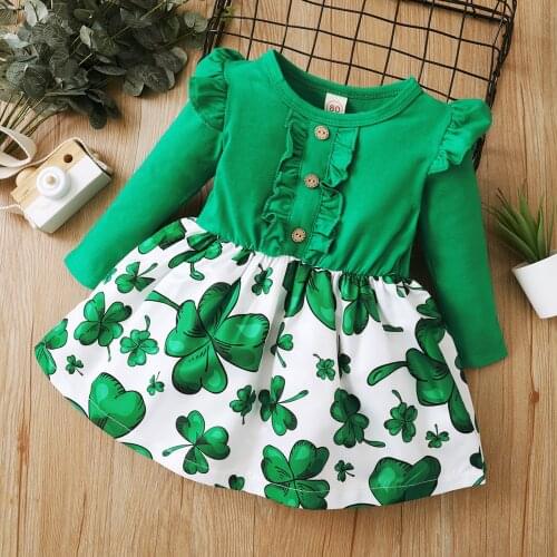 Spring St. Patricks Day Baby Girls Dress Cotton Children Clothes Clover Dress Knee Length Party Kids Dresses For Girls Costumes