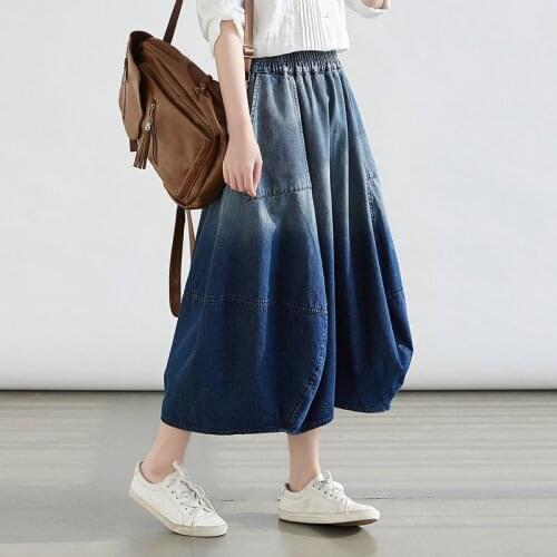 Autumn 2021 New Womens Long Skirt Elastic Waist Denim Skirt Female Spring Retro Loose Midi Skirt