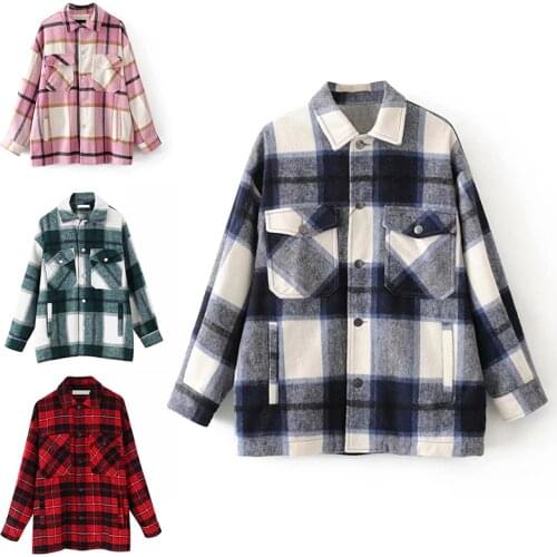 Plaid Overshirt Wool Blend Jacket Check Lapel Collar Long Sleeve Coat Women Oversized Pockets with Flaps Button Jackets Tops