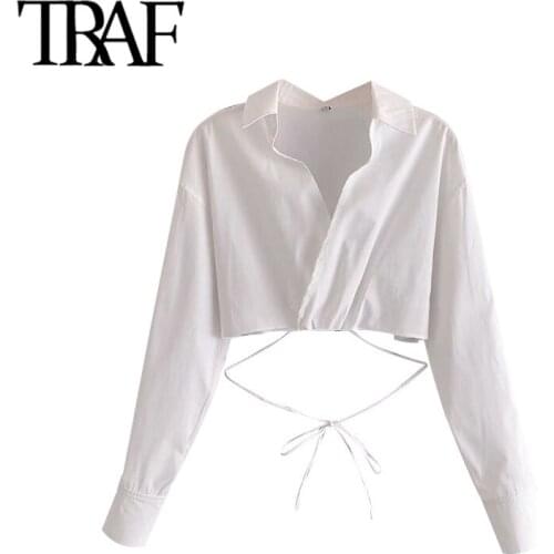 TRAF Women Fashion With Tied Hem Cropped Blouses Vintage Crossover V Neck Long Sleeve Female Shirts Chic Tops