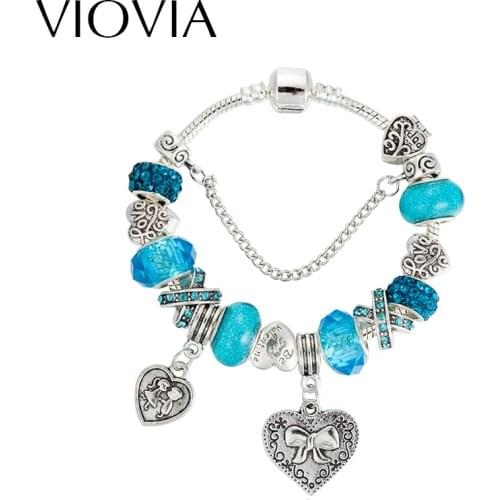 VIOVIA Women Bracelets & Bangles Antique Silver Color Heart Charms Bracelet for Women Crystal Big Hole Beads Diy Jewelry B15080