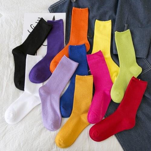 Women Socks 2021 New Fashion Solid Color Crew Socks For Women Cotton Breathable Neon Color Long Terry Socks Korean Socks Girl