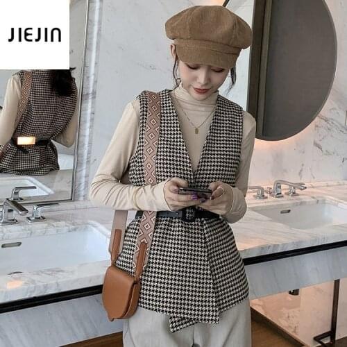 2021 Korean Fashion Vintage Houndstooth Waistcoat Vest Office Lady Woman Chic Tops Vest Women Loose Single Breasted V-Neck