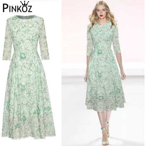 Pinkoz Korean Chic Dress Elegant Office Lady New 2021 Summer Floral Embroidery Print O-neck A Line Retro Vintage Dress Green za