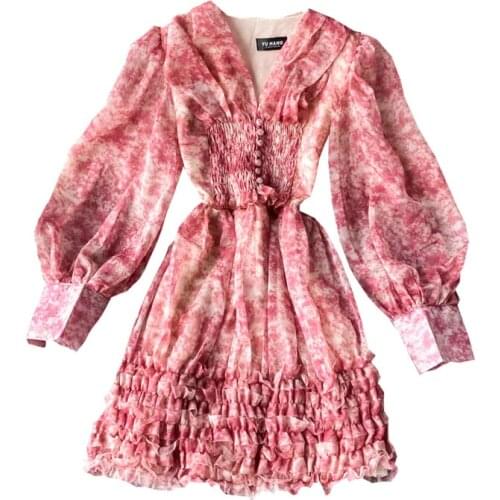 2021 New Spring Autumn Women V-Neck Long Sleeve Slim Mini Dress Sweet Ruffles Cake Hem Floral Chiffon Lolita Dress