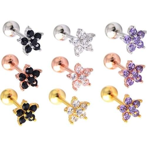 Trendy 2 Pc Crystal Flower Cartilage Earring Stainless Steel Zircon Stud Earrings Cute Tragus Ear Piercing Body Jewelry Ear Stud