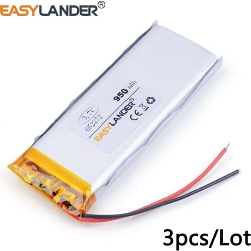 3pcs /Lot 3.7V 950mAh 652272 lithium Li ion polymer rechargeable battery For Mp3 DVD PAD MP4 phone camera 6.5*22*72mm