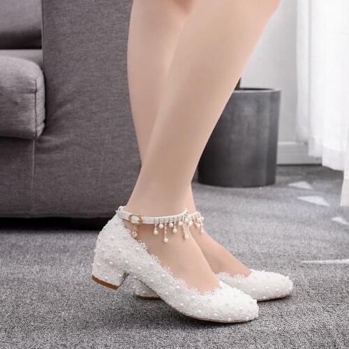 White Lace Wedding shoes Fashion Style Ladies Pumps Low Heel Shallow Mouth Round Toe Party Womens Shoes
