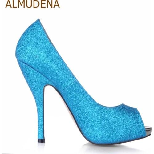 Bling Bling Blue Patent Leather Black Peep Toe Low Platform Thin High Heel Shoes Elegant Basic Party Pumps