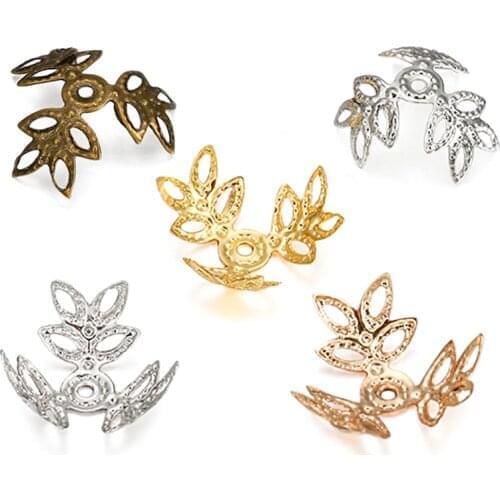 100Pcs/Lot 16x16mm Metallic Plant KC/Gold Three Leaves Spacer Beads End Cap Bracelet for DIY Jewelry Making Findings Supplies