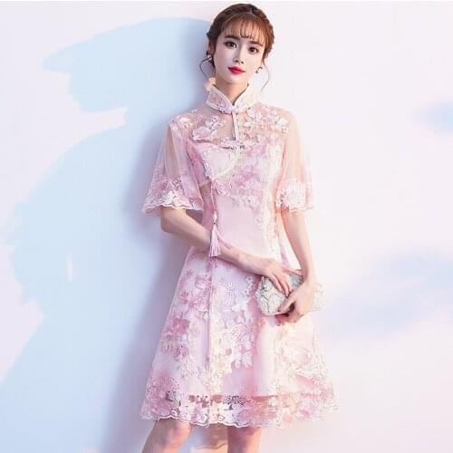 Women Vintage Chinese Traditional Dress Pink Mandarin Collar Cheongsam Lace Floral Embroidery Qipao Party Oriental Dress