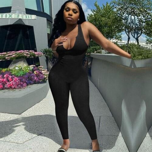 Womens Ribbed Romper Jumpsuit Solid Color Sleeveless Deep U neck Skinny Slim Tight Elastic Home Gym Casual Wear