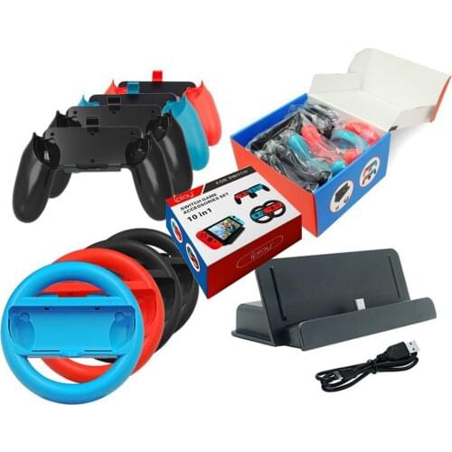 10 in 1 for Nintendo Switch Accessories Kit 4 Racing Steering Wheel + 4 Handle Grips + 1 Charger Station for N-Switch NS Joy-con