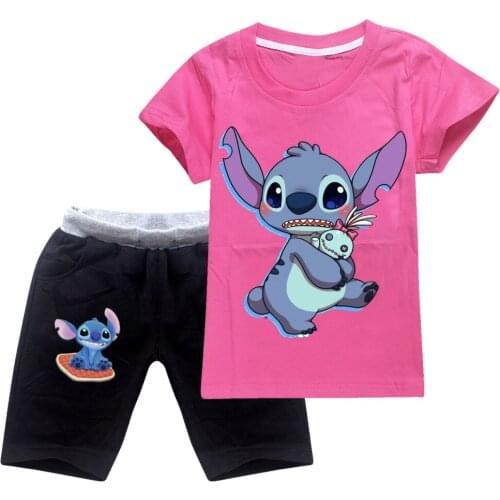 Disney Stitch Children clothing sets boys clothes t shirt Summer suits toddler girls sets top+pant 2Pcs sets sports suit