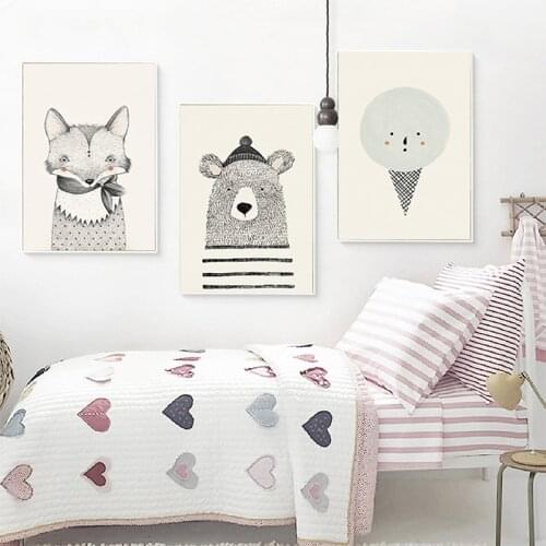 Nordic Style Cartoon Animal Bear Fox Canvas Poster Wall Art Print Painting Home Decoration Picture Baby Children Kids Room Decor