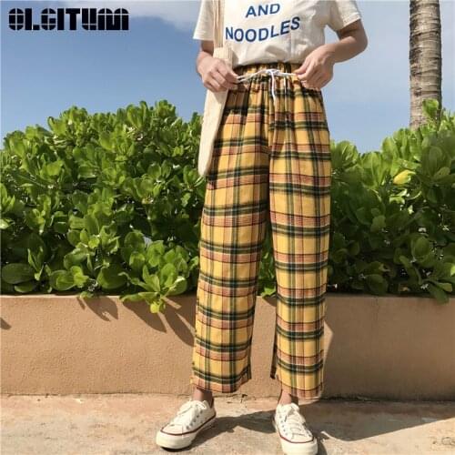 New 2020 Yellow Women Pants Casual Pants Summer Foundation Wild Drawstring Loose Wide Leg Pants Nine lattice Pants PT177