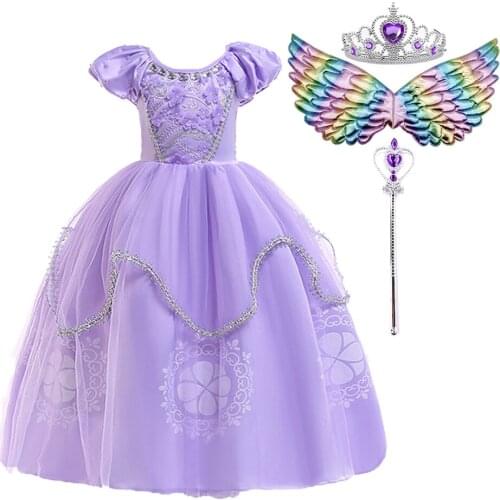 3-10 Years Kids Sofia Dress Girls Birthday Party Costume Girls Summer Purple Short Sleeve Princess Dress Child Halloween Costume